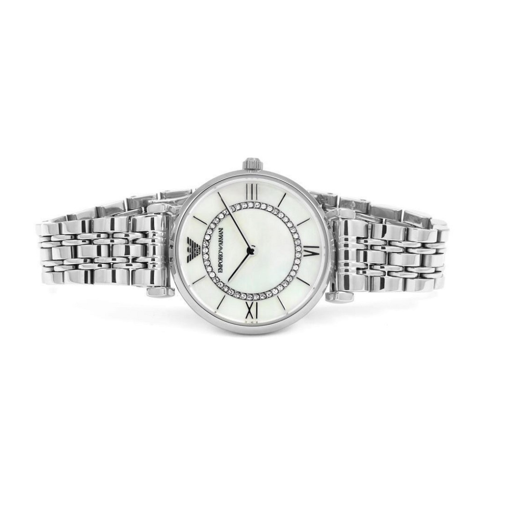 Emporio Armani AR1908 women’s watch with silver strap and mother-of-pearl dial