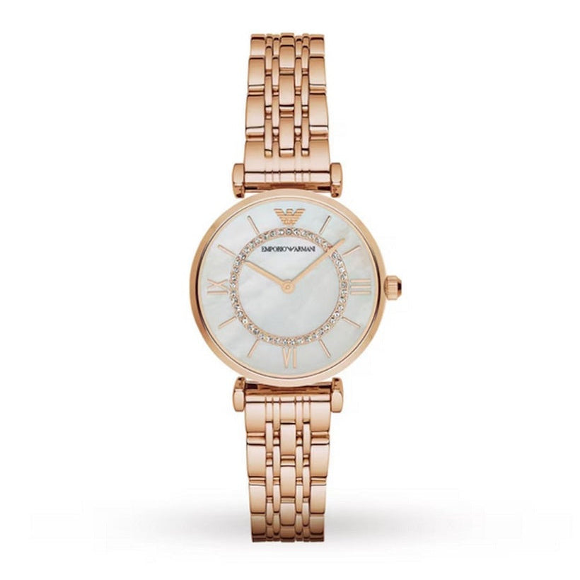 Emporio Armani AR1909 Gianni T-Bar rose gold watch front view with mother-of-pearl dial