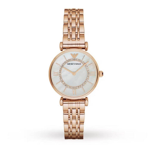 Emporio Armani AR1909 Gianni T-Bar rose gold watch front view with mother-of-pearl dial