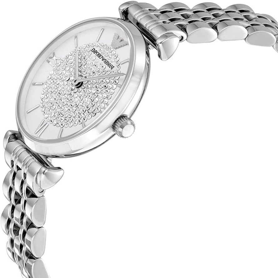 Emporio Armani AR1925 white dial close-up with silver bracelet