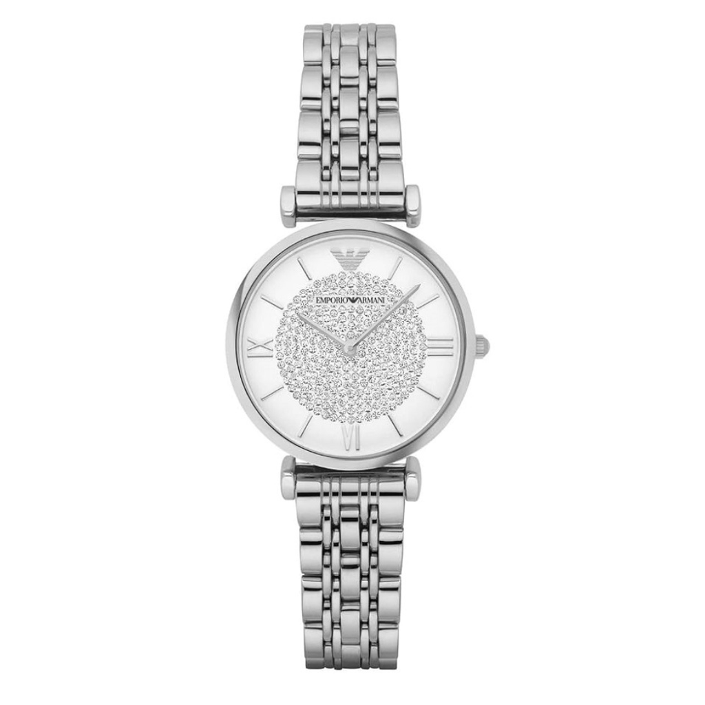 Emporio Armani AR1925 Gianni T-Bar silver watch front view with crystal dial
