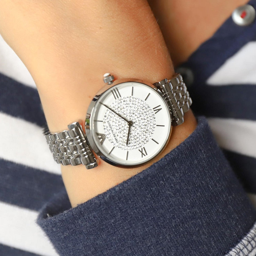 Emporio Armani AR1925 silver watch with crystal dial on wrist