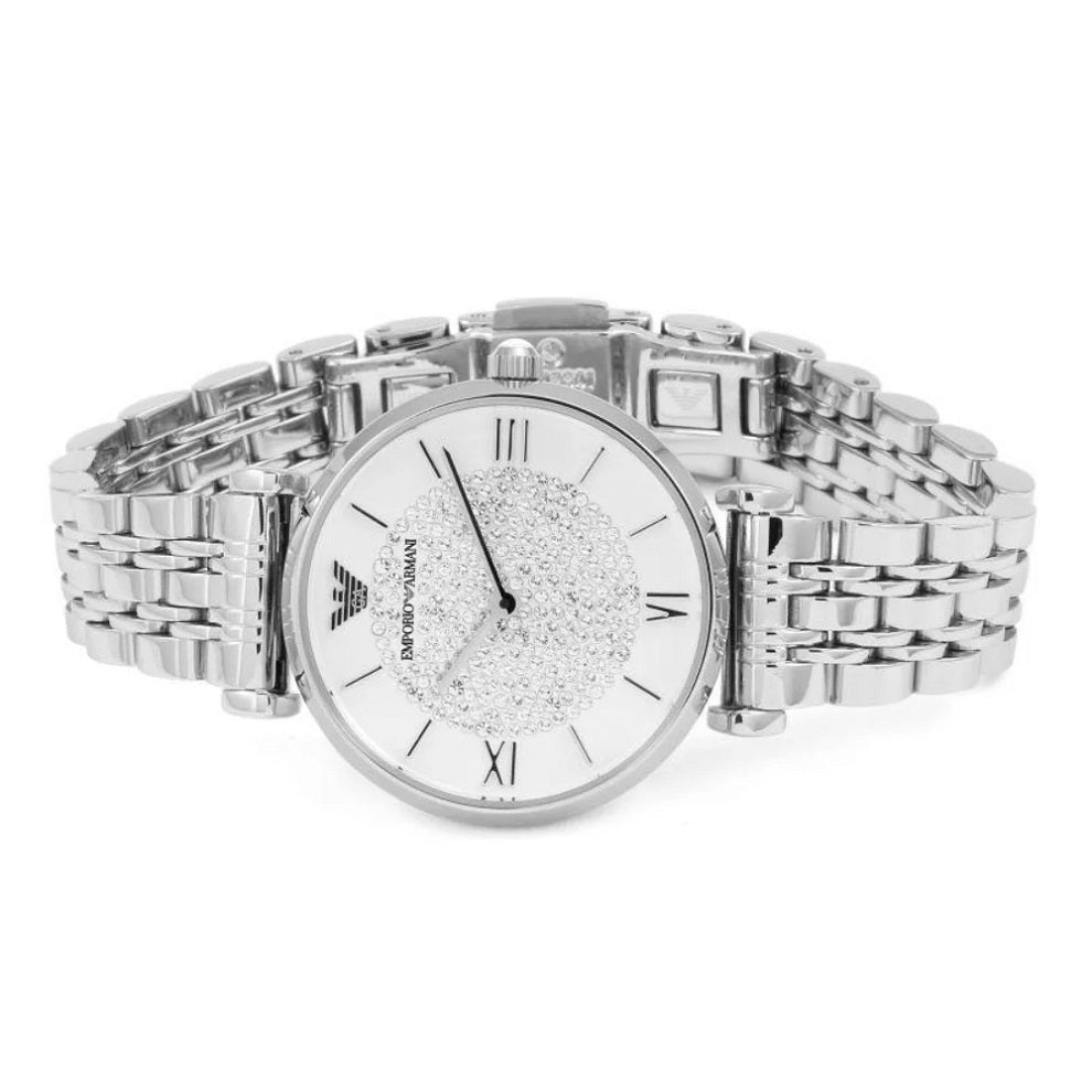 Emporio Armani AR1925 women’s watch with silver strap and white crystal dial