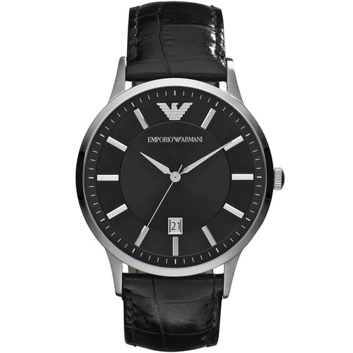 Emporio Armani AR2411 Renato watch with black leather strap and black dial