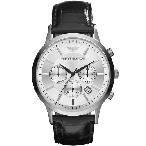 Emporio Armani AR2432 Renato watch front view with silver dial and black leather strap