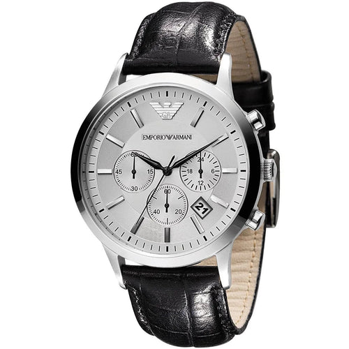 Emporio Armani AR2432 men’s watch with black leather strap and silver dial