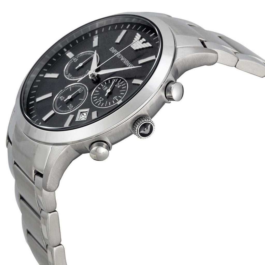 Emporio Armani AR2434 black face close-up with silver bracelet