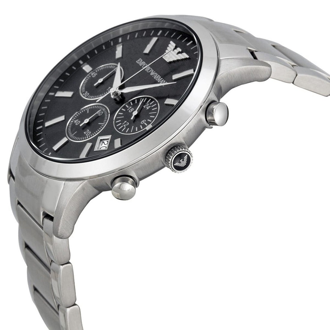 Emporio Armani AR2434 black face close-up with silver bracelet