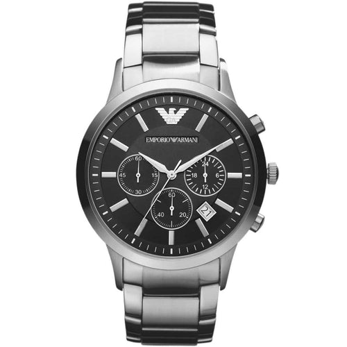 Emporio Armani AR2434 Renato watch front view with black dial and silver bracelet