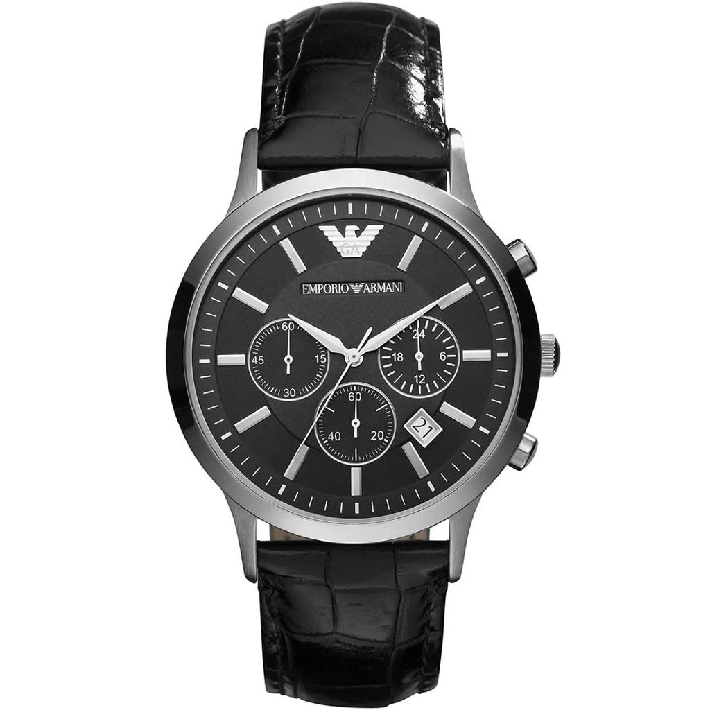 Emporio Armani AR2447 Renato watch front view with black dial and silver case