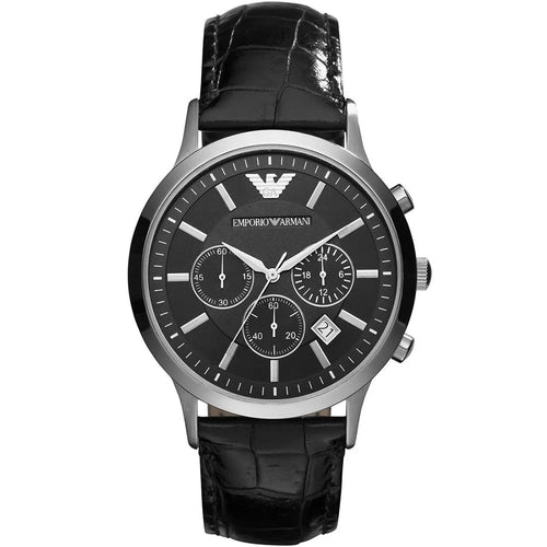 Emporio Armani AR2447 Renato watch front view with black dial and silver case