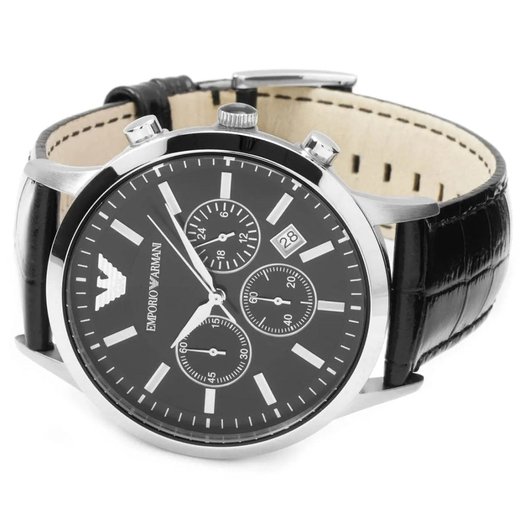 Emporio Armani AR2447 men’s watch with black leather strap and black dial