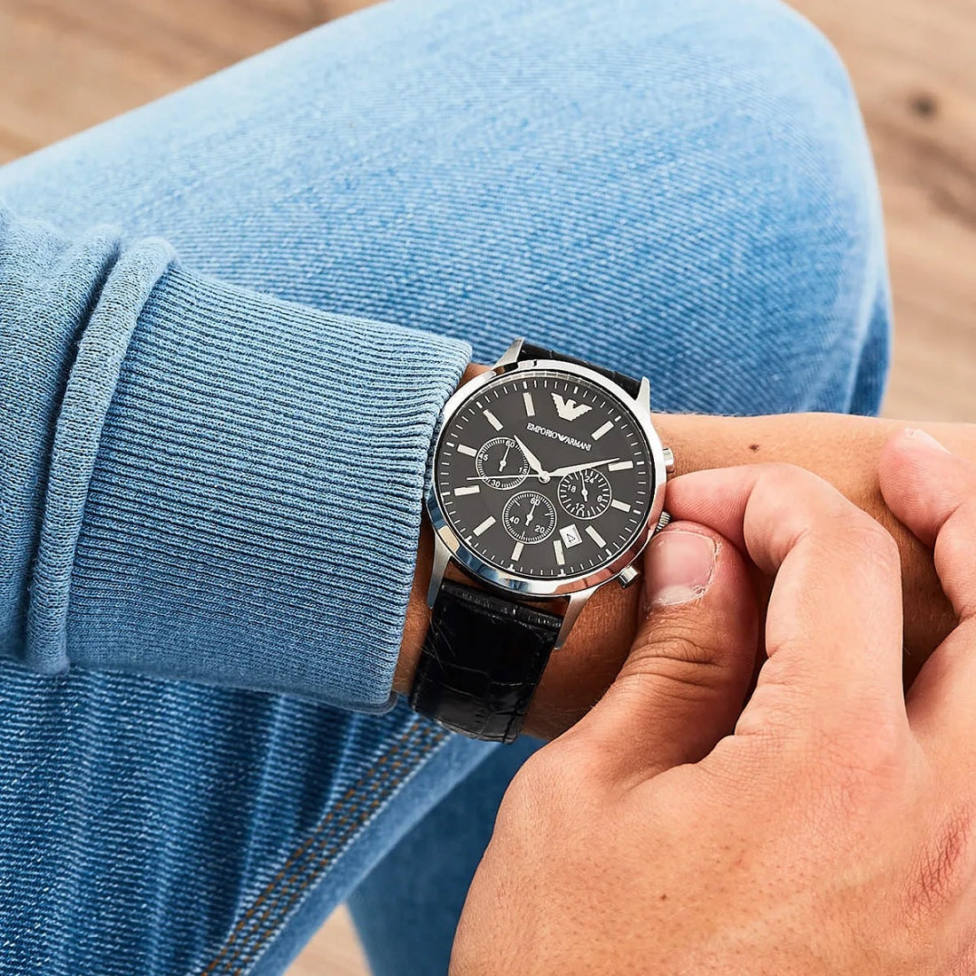 Emporio Armani AR2447 black strap watch on wrist