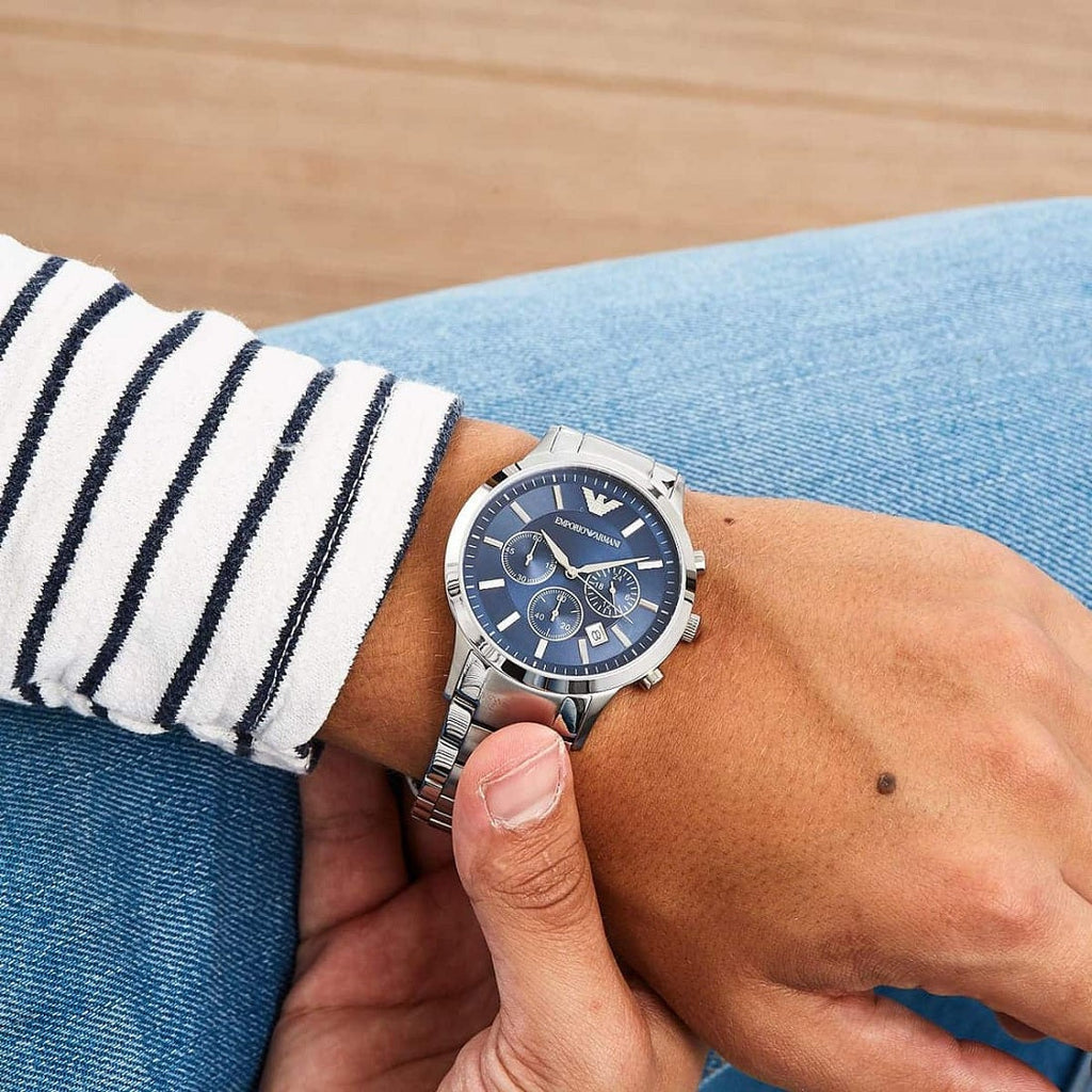 Emporio Armani AR2448 blue dial watch on wrist