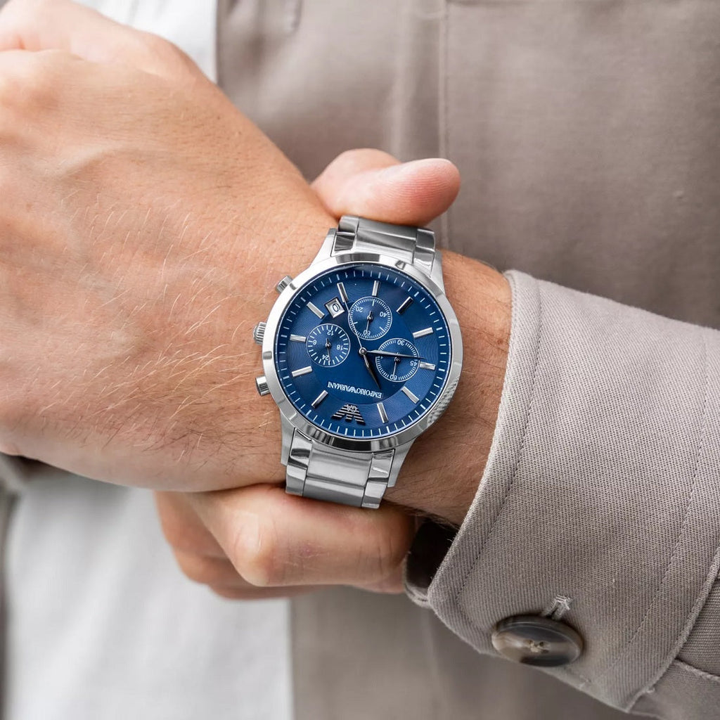 Emporio Armani AR2448 blue dial close-up on wrist