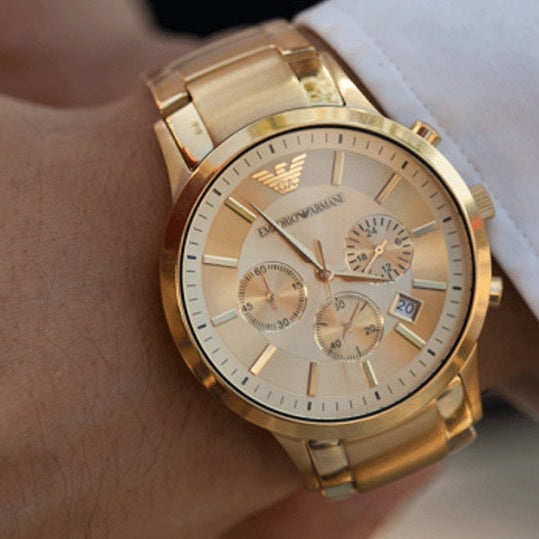Emporio Armani AR2452 rose gold-tone watch close-up on wrist
