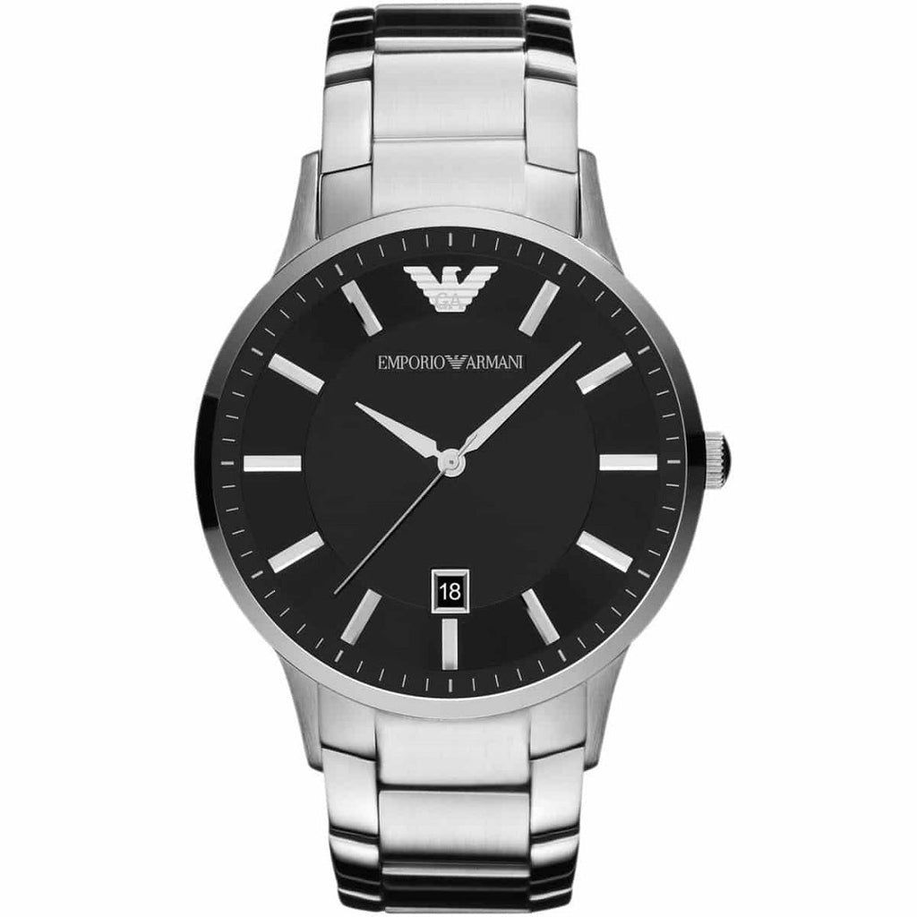 Emporio Armani AR2457 Renato watch front view with black dial and silver bracelet