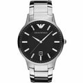 Emporio Armani AR2457 Renato watch front view with black dial and silver bracelet