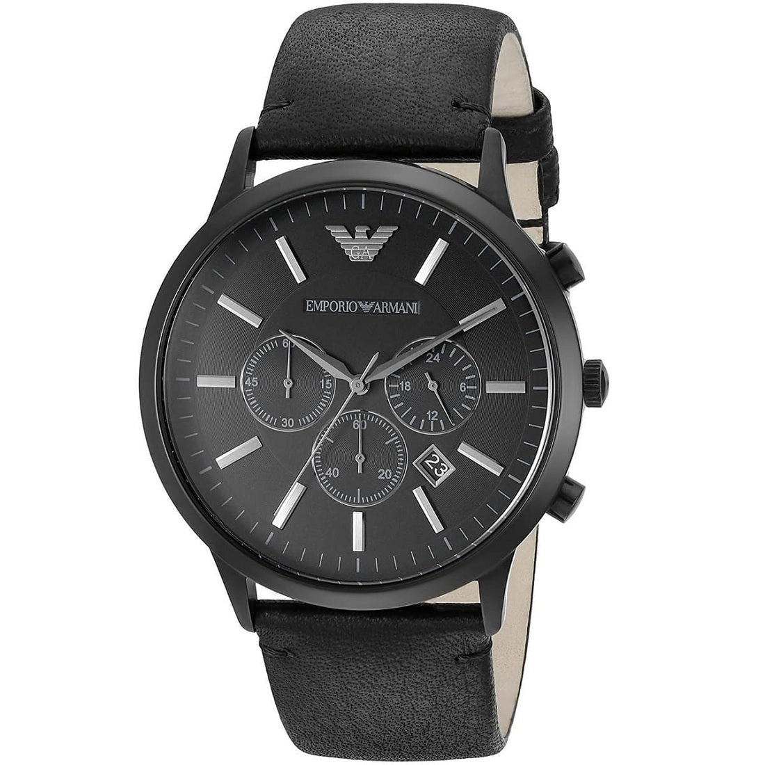 Emporio Armani AR2461 black dial close-up with black leather strap