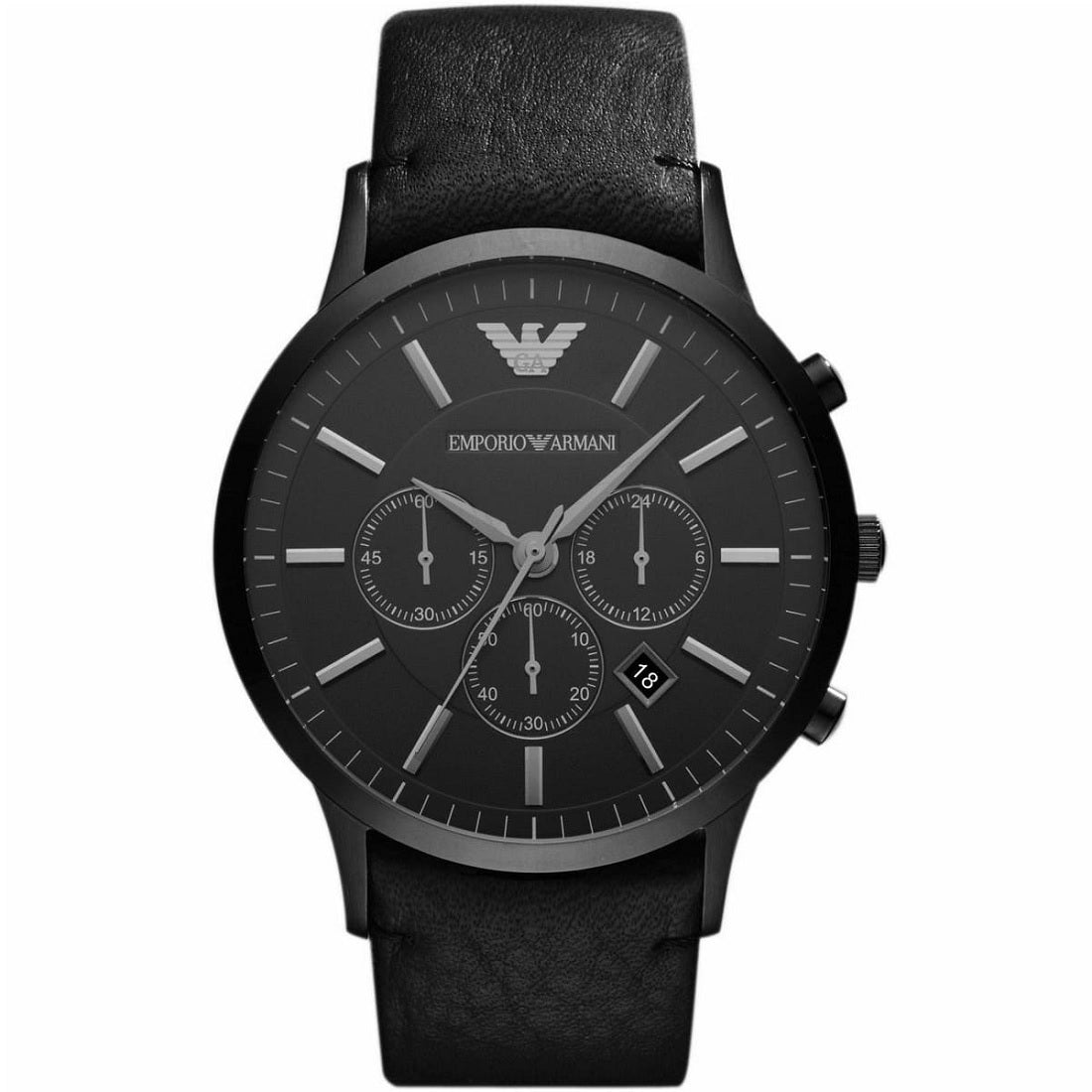 Emporio Armani AR2461 Renato watch front view with black leather strap and black dial