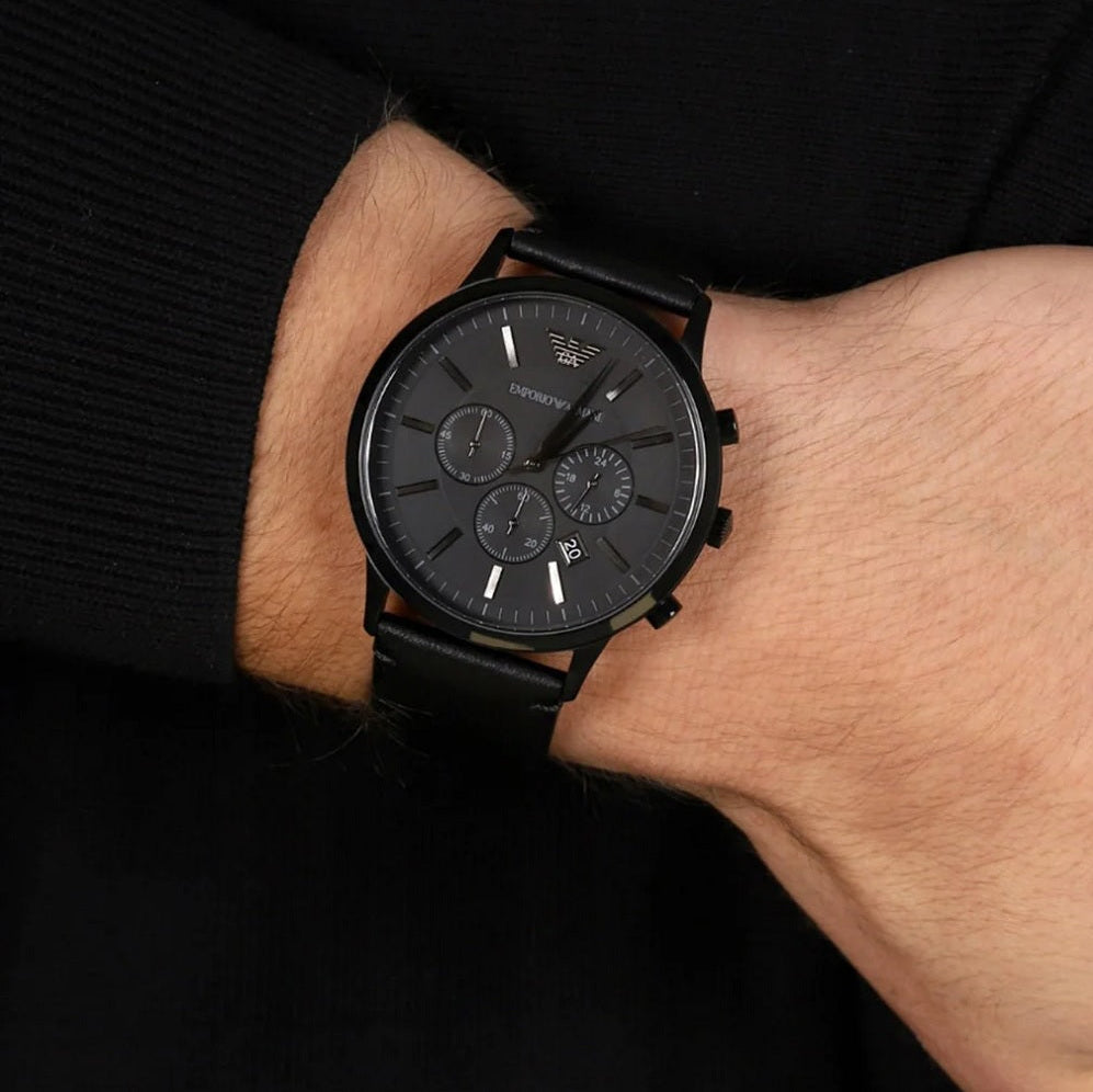Emporio Armani AR2461 black leather strap watch on wrist