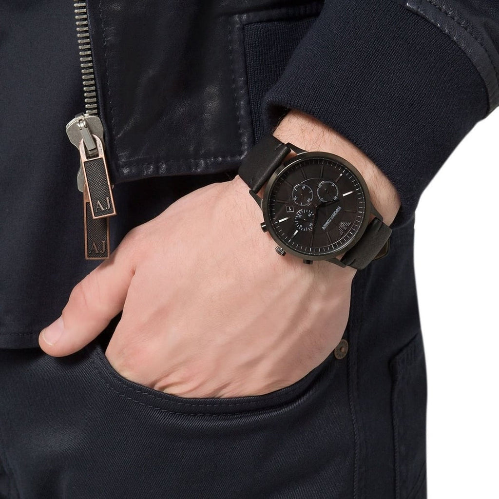 Emporio Armani AR2461 black dial watch close-up on wrist