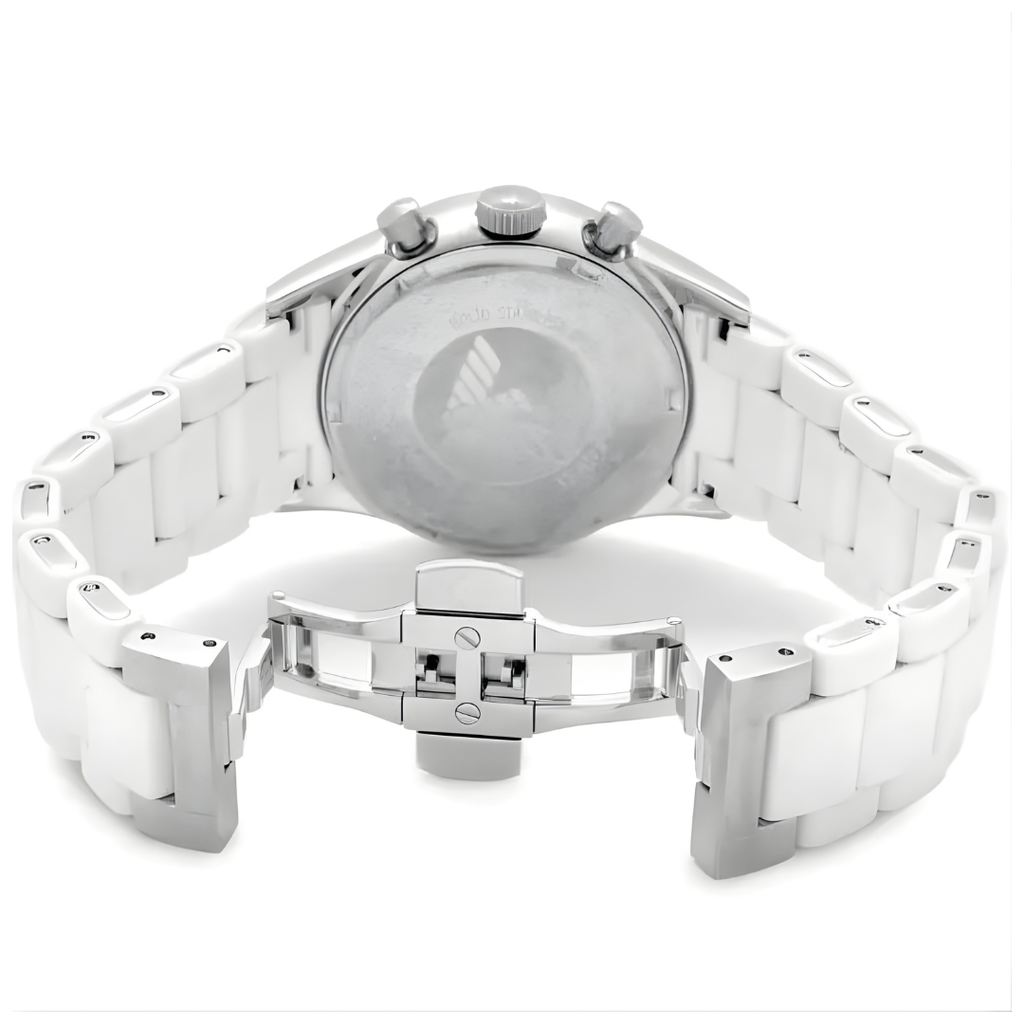 Emporio Armani AR5859 open white strap watch caseback view