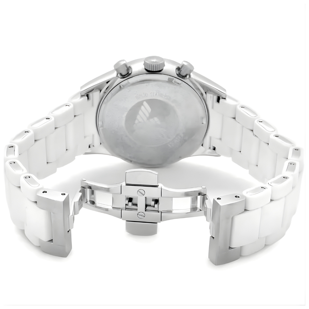 Emporio Armani AR5859 open white strap watch caseback view
