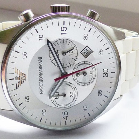 Emporio Armani AR5859 white dial close-up with silver case