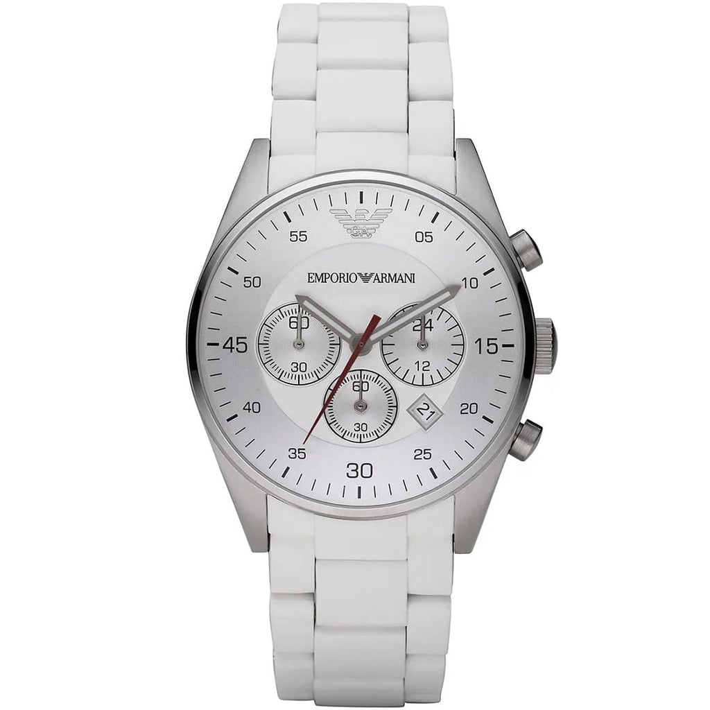 Emporio Armani AR5859 Sportivo chronograph watch front view with white strap