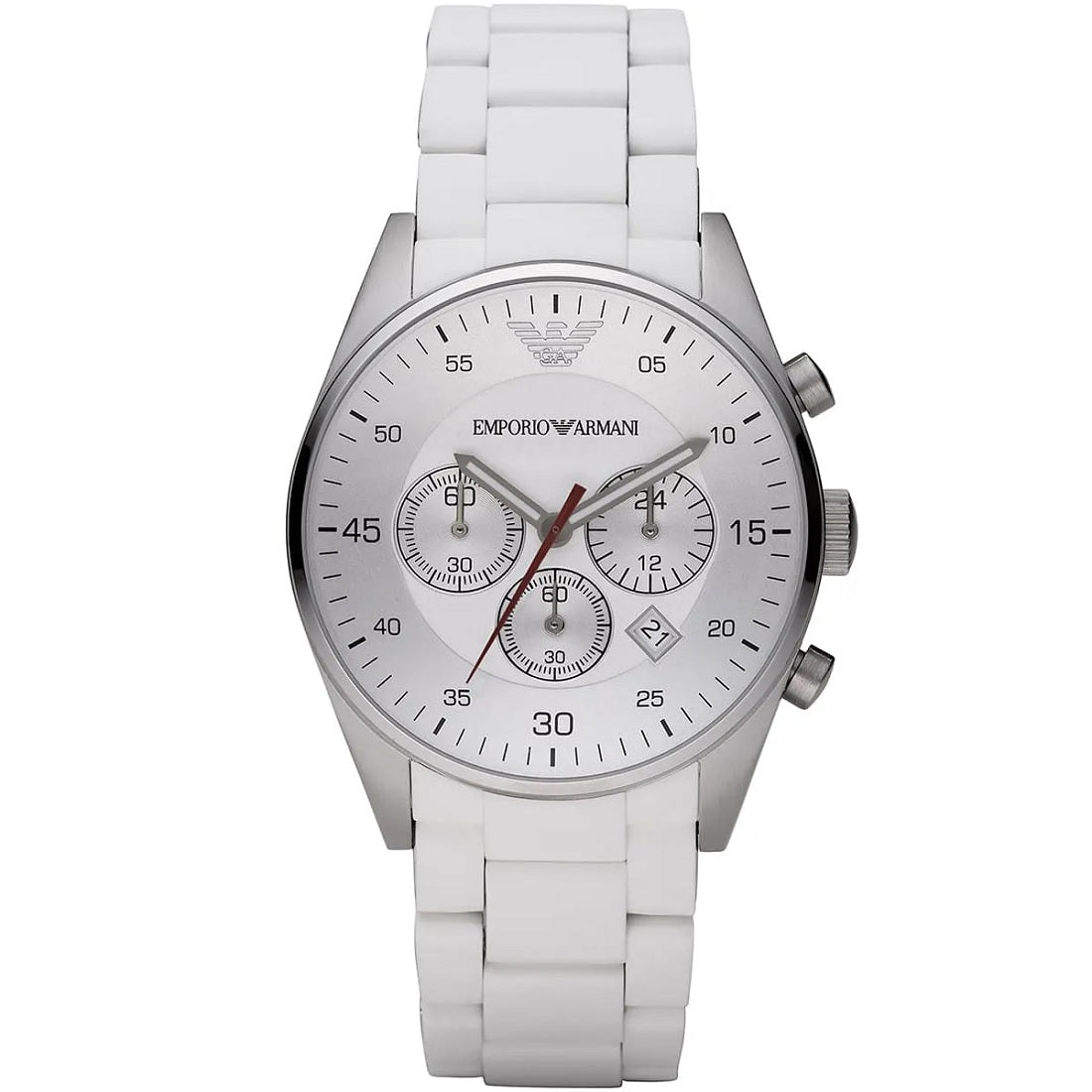 Emporio Armani AR5859 Sportivo chronograph watch front view with white strap