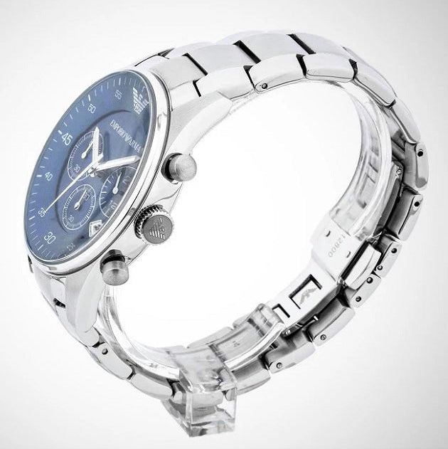 Emporio Armani AR5860 angled view with silver strap and blue dial