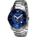 Emporio Armani AR5860 Retro watch front view with silver strap and blue dial