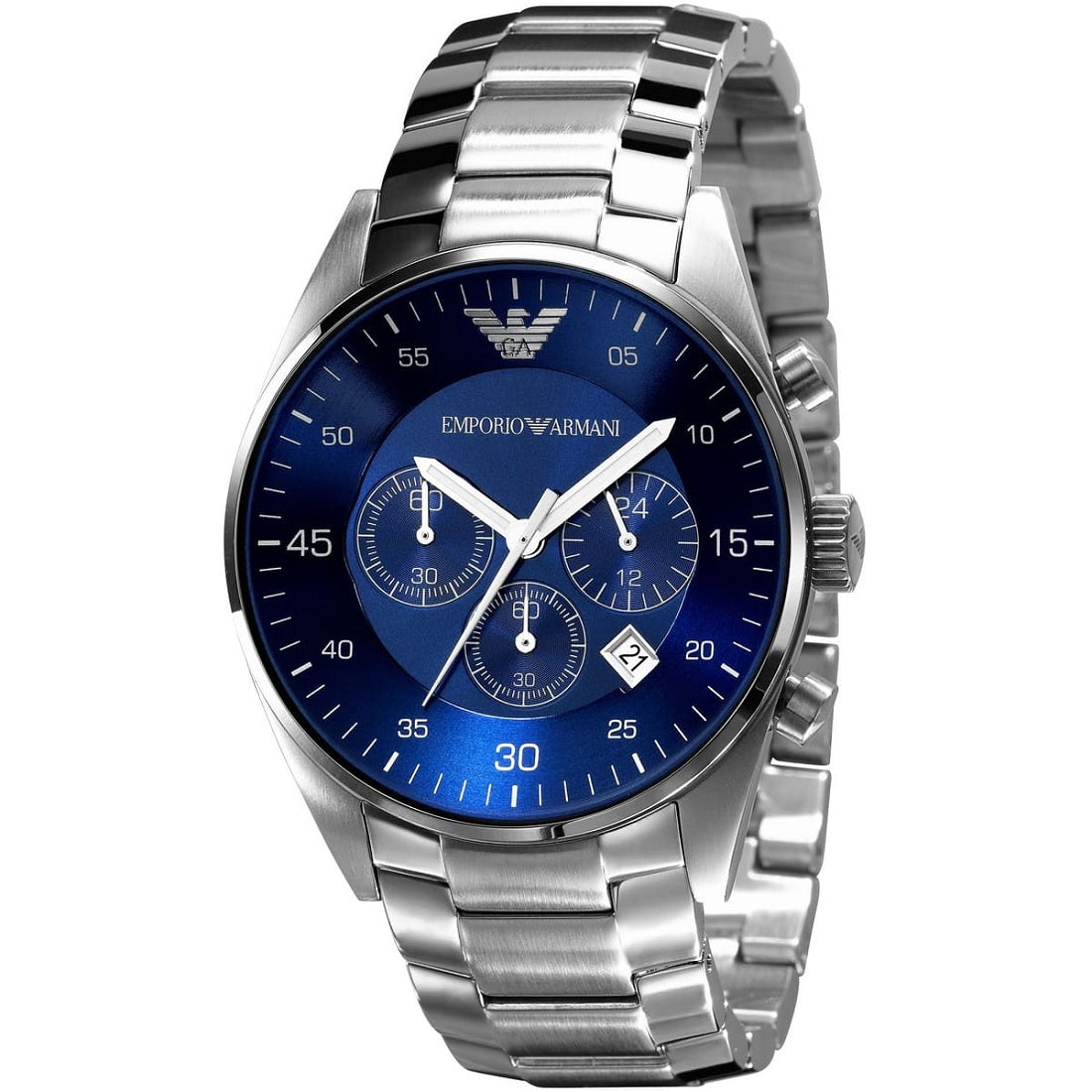 Emporio Armani AR5860 Retro watch front view with silver strap and blue dial