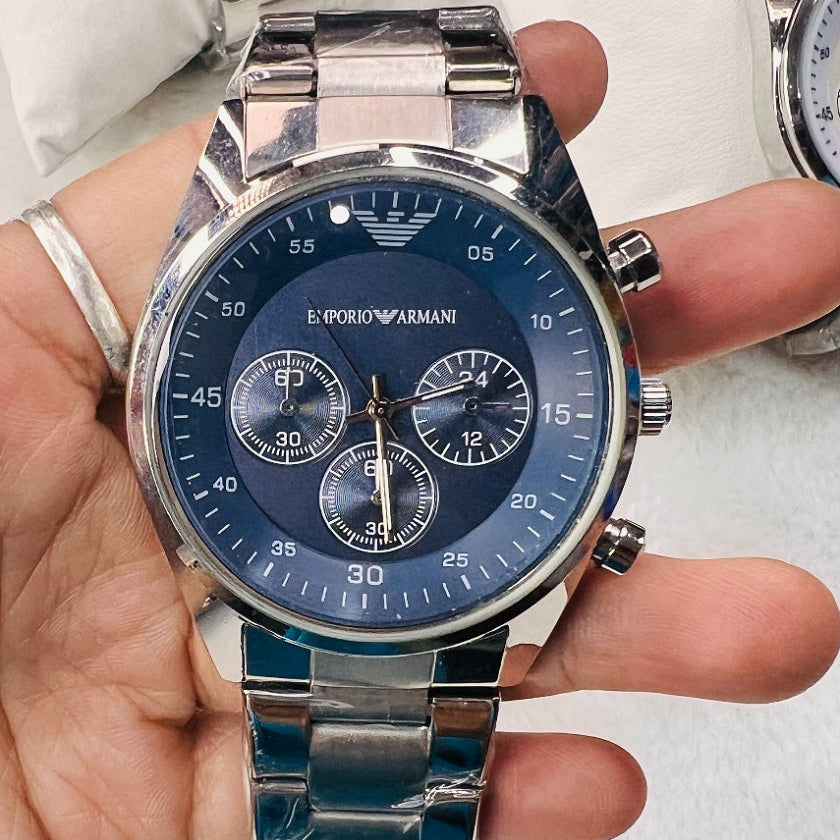 Emporio Armani AR5860 men’s watch with silver strap and blue dial