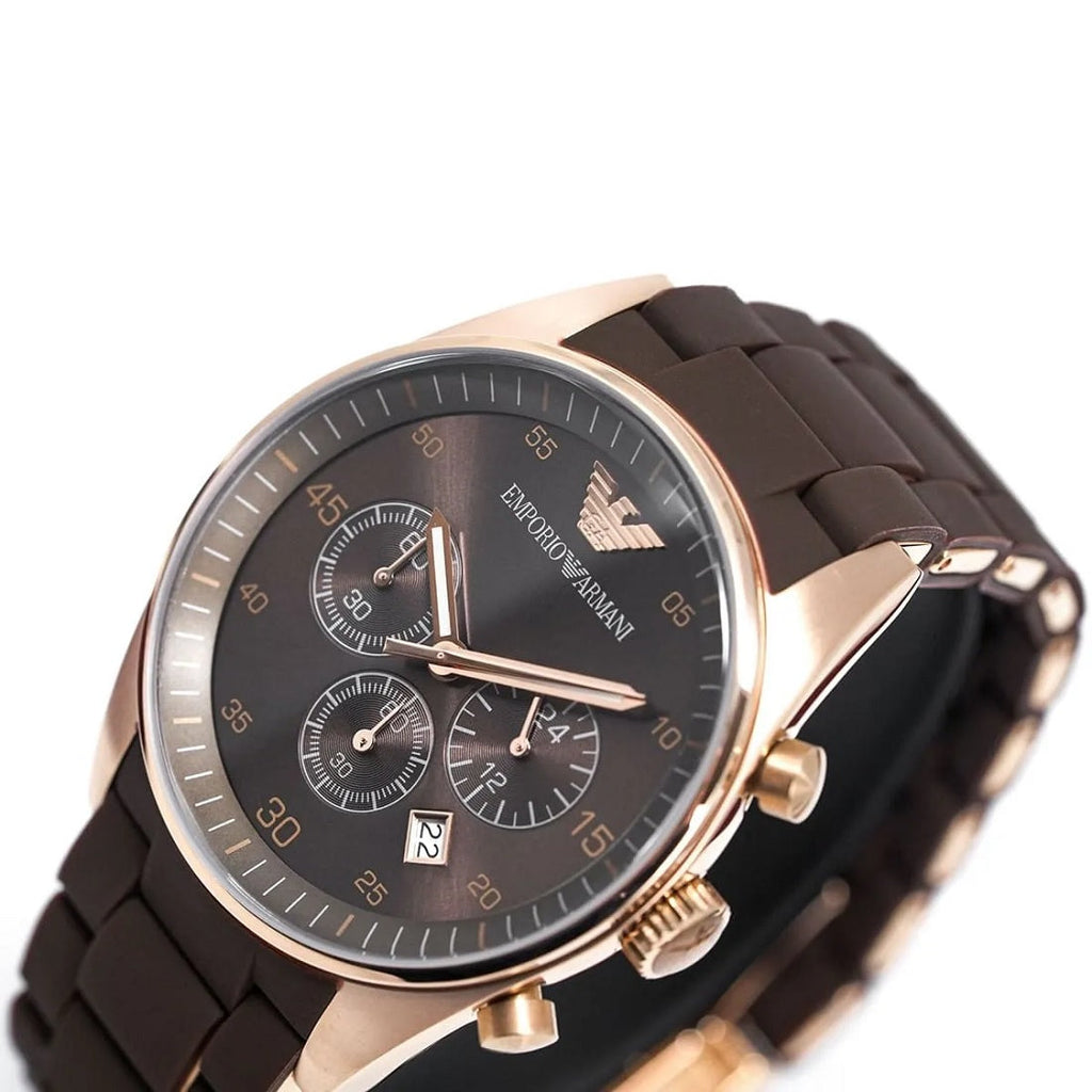 Emporio Armani AR5890 angled view with brown strap and rose gold case