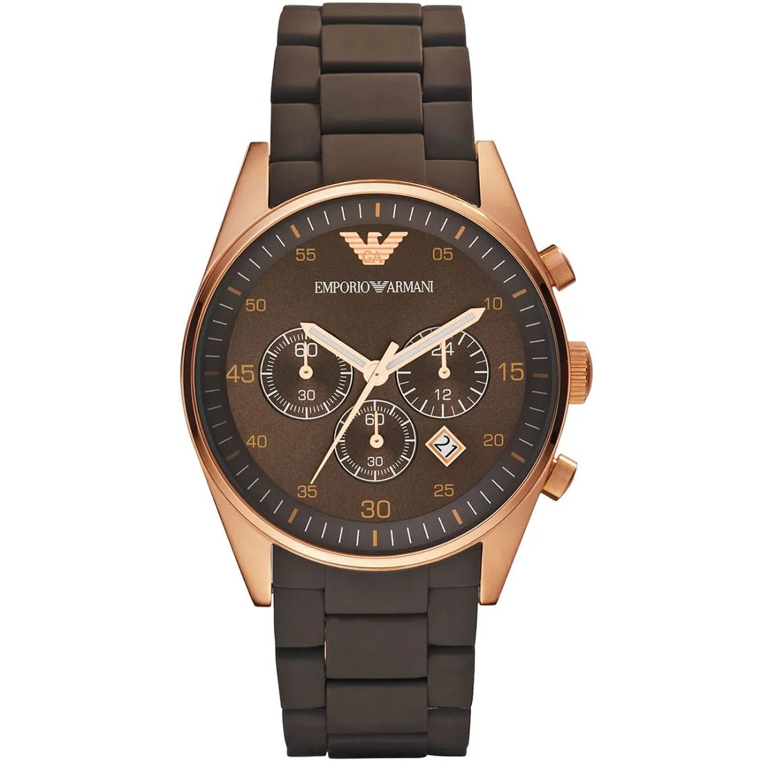 Emporio Armani AR5890 Sportivo watch front view with brown strap and rose gold case