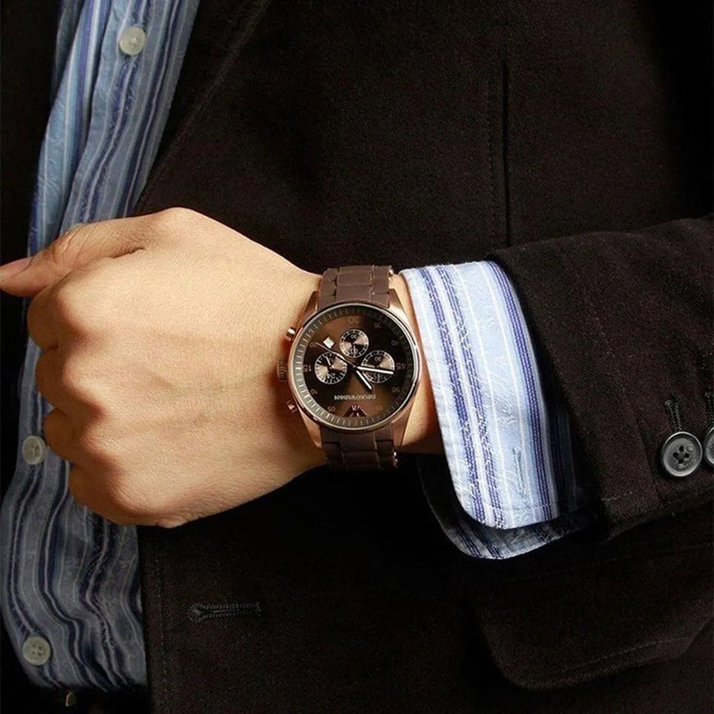 Emporio Armani AR5890 brown dial watch close-up on wrist