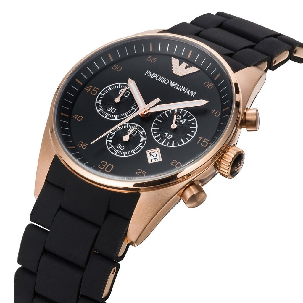 Emporio Armani AR5905 angled view with black strap and rose gold case