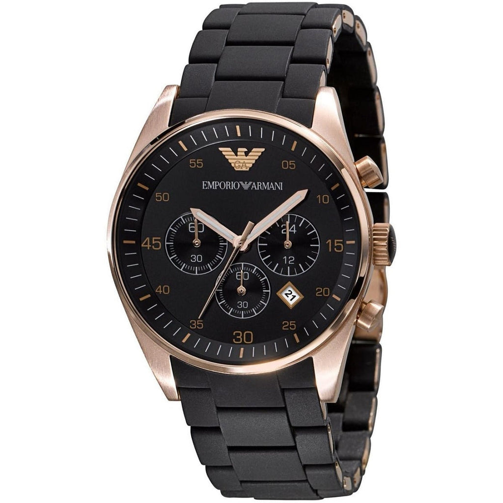 Emporio Armani AR5905 black dial close-up with rose gold case