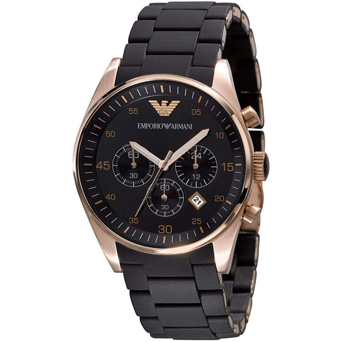 Emporio Armani AR5905 black dial close-up with rose gold case