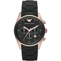Emporio Armani AR5905 Sportivo watch front view with black strap and rose gold case