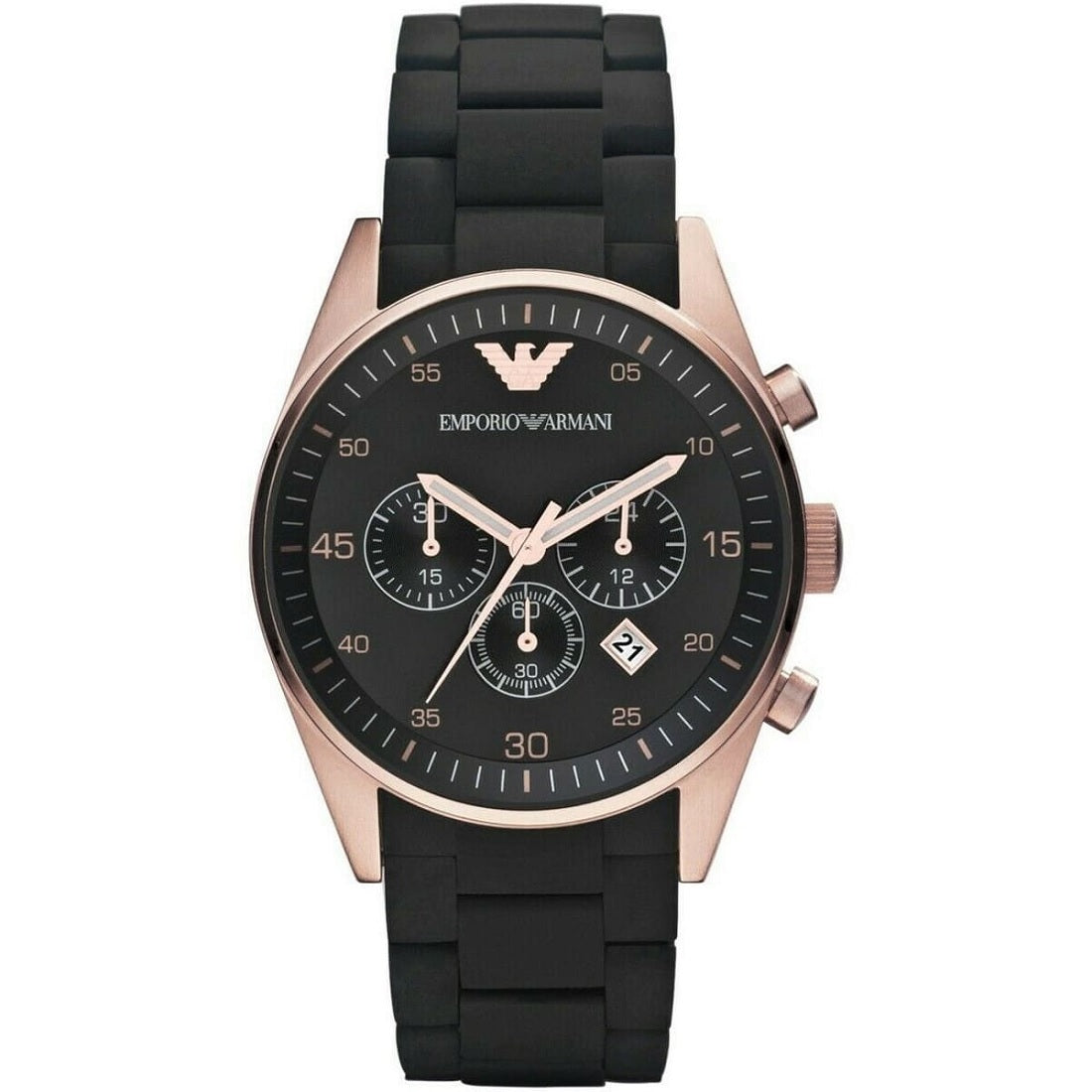 Emporio Armani AR5905 Sportivo watch front view with black strap and rose gold case