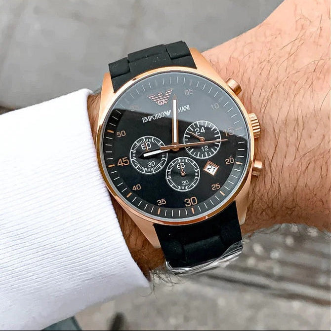 Emporio Armani AR5905 black dial watch close-up on wrist