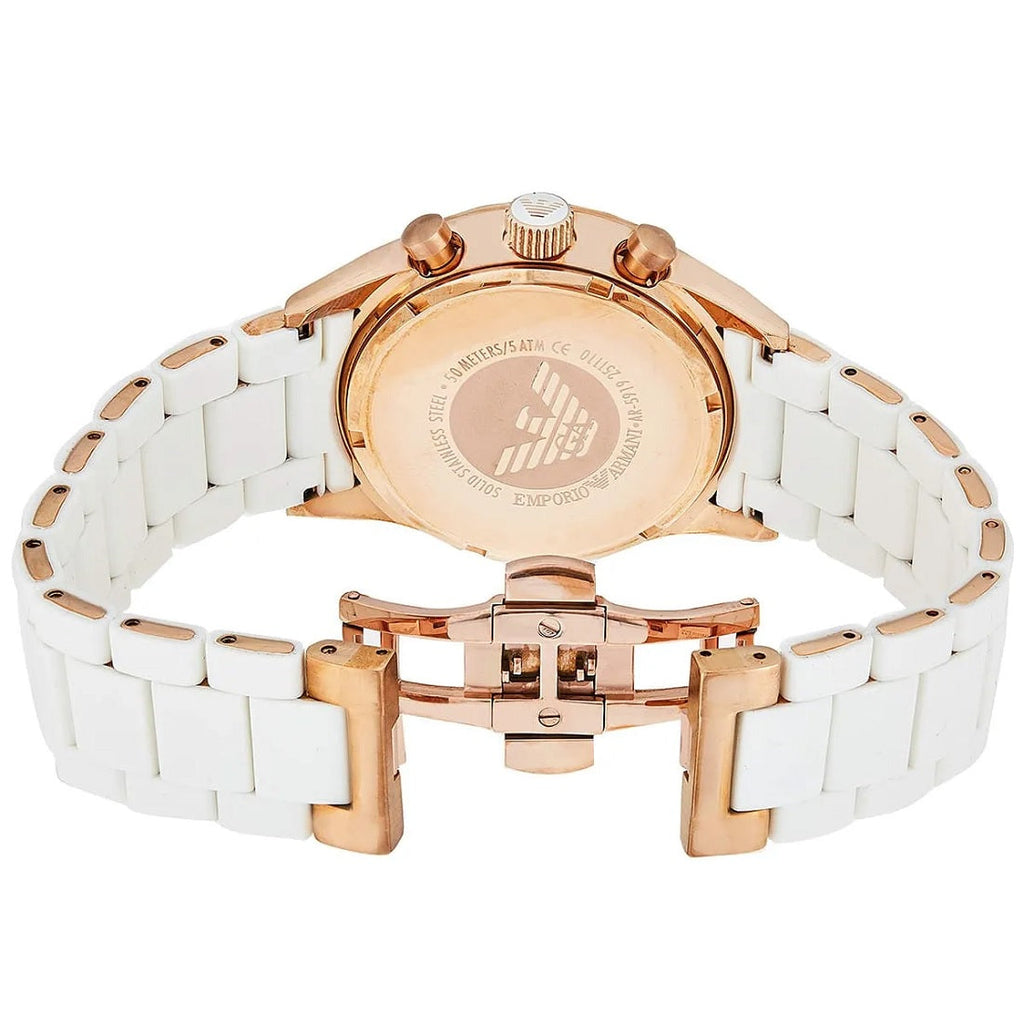 Emporio Armani AR5919 caseback view with open white silicone strap