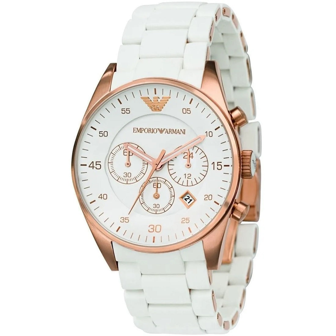 Emporio Armani AR5919 Sportivo watch front view with white silicone strap
