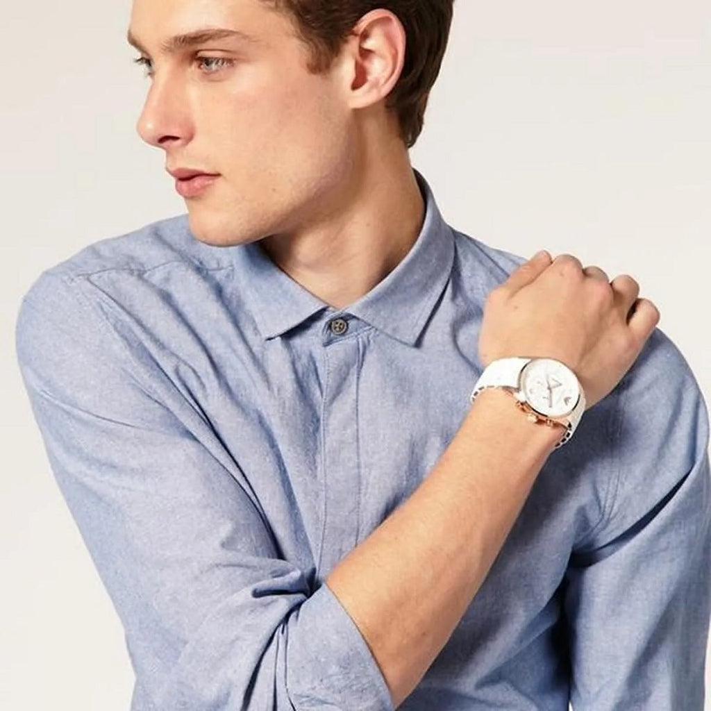 Emporio Armani AR5919 white dial watch full view on wrist