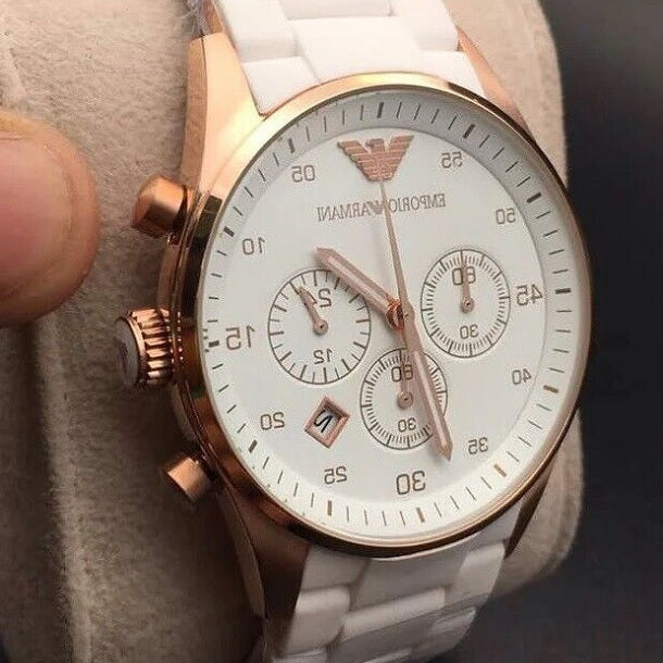 Emporio Armani AR5919 watch on branded pillow