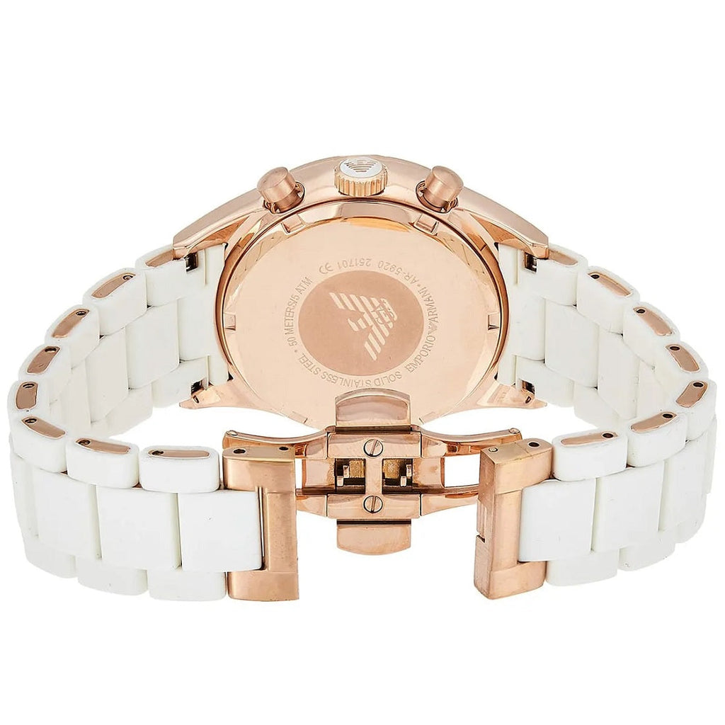 Emporio Armani AR5920 caseback view with open white silicone strap