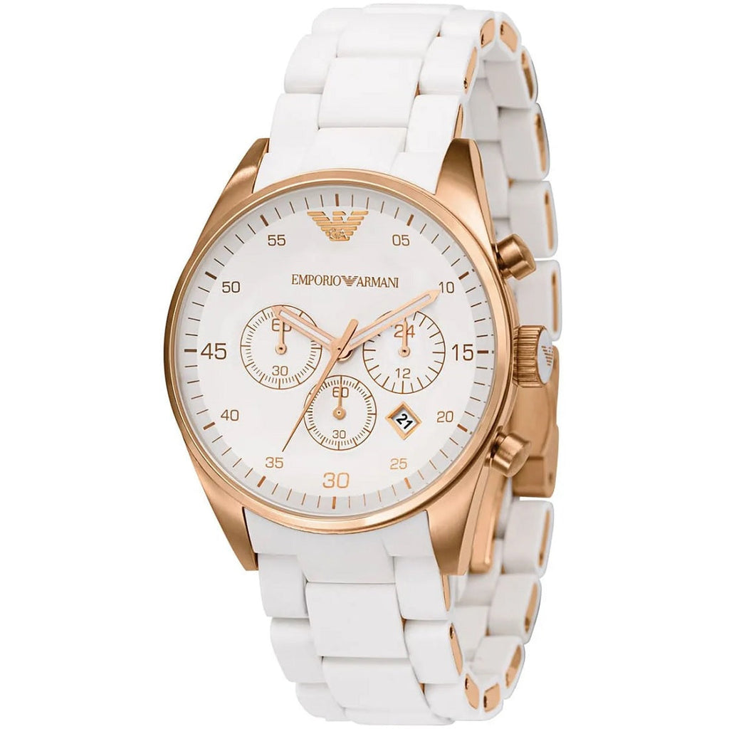 Emporio Armani AR5920 white dial close-up with rose gold case